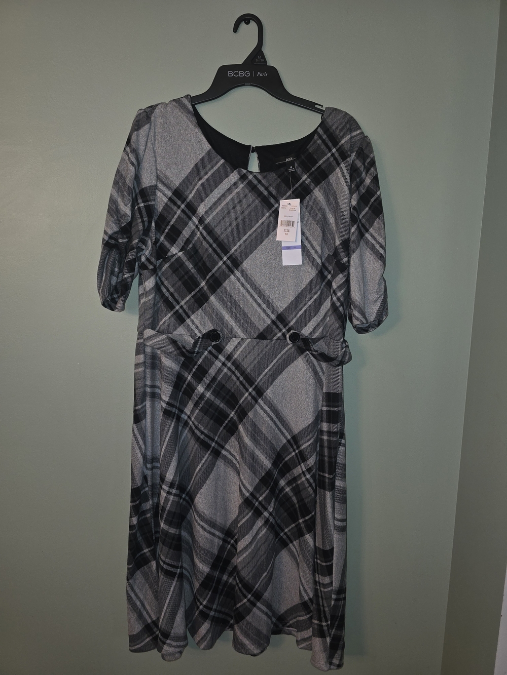 BCBG Gray and Black Plaid Midi Dress